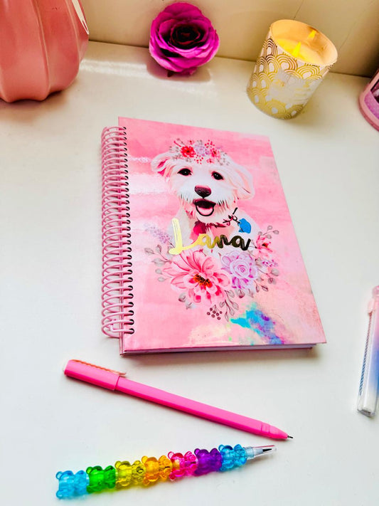 Cuaderno personalizado con la imagen de tu mascota, nombre con con detalle holográfico