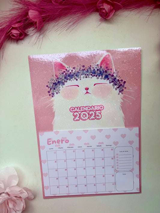 Calendario de pared gatito corona flores