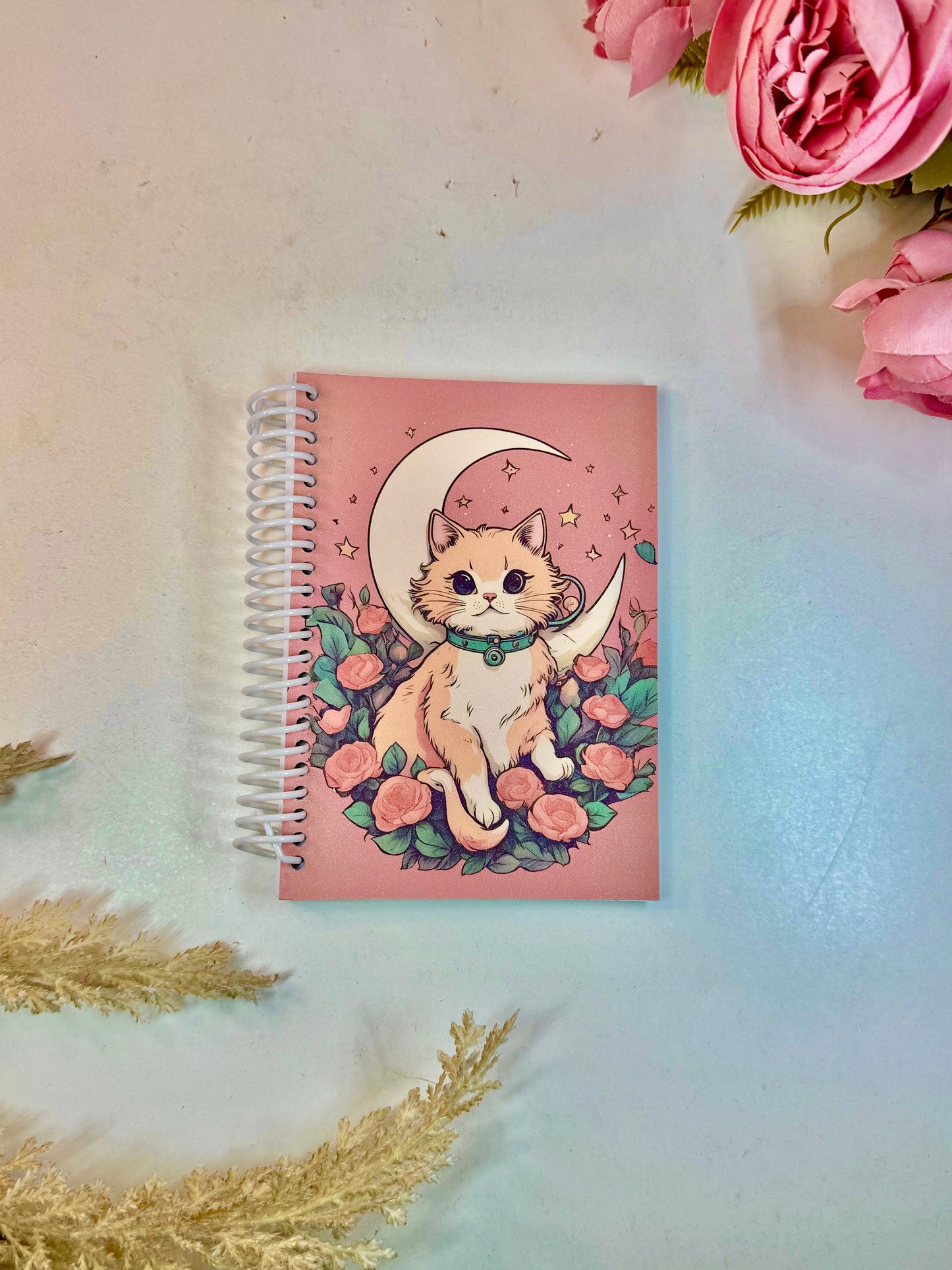 Libreta  pequeña gato luna flores