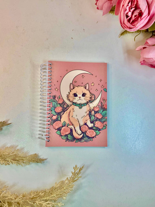 Libreta  pequeña gato luna flores